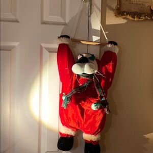 Vintage Cat Door Hanging Dressed As Santa Claus From Cracker Barrel. Christmas